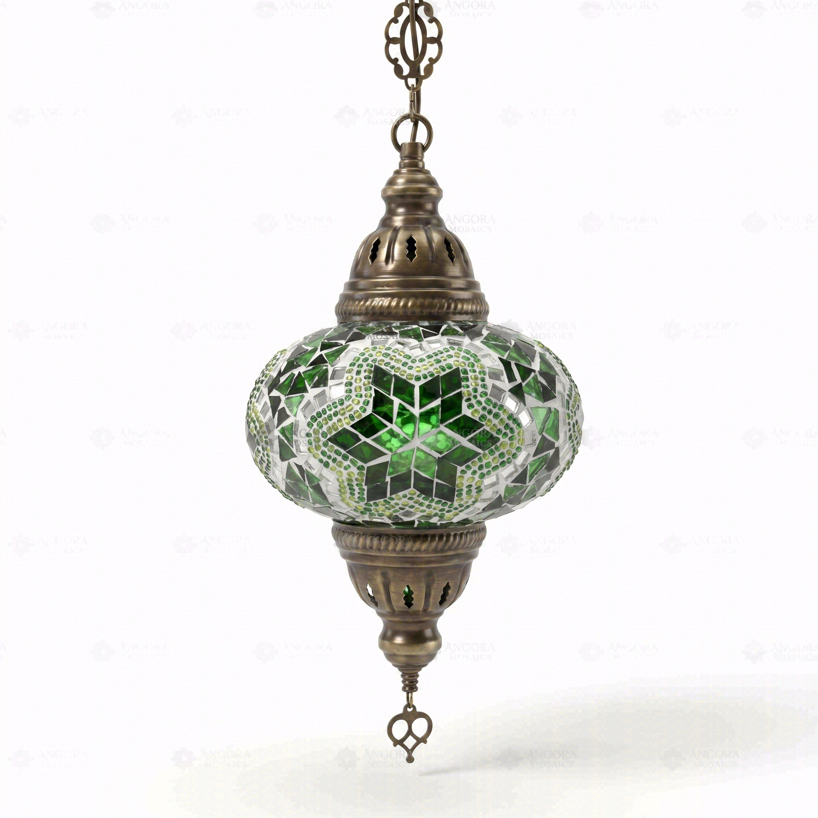 Full view of handmade Green green jewel Turkish mosaic pendant light on white background (ENV DYN3003)