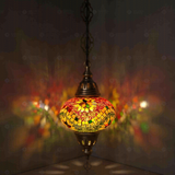 Multicolor Turkish mosaic pendant light illuminated, showing colorful light projection (ENV DYN3004)