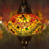 Lit close-up of mosaic glass globe — Multicolor pendant light glowing (ENV DYN3004)