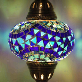 Lit close-up of mosaic glass globe — Blue pendant light glowing (ENV DYN3005)