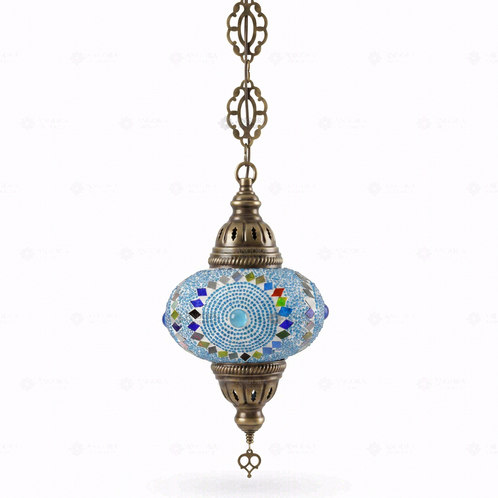 Full view of handmade Green green jewel Turkish mosaic pendant light on white background (ENV DYN3006)
