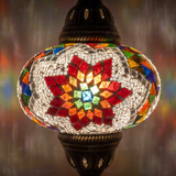 Lit close-up of mosaic glass globe — Multicolor pendant light glowing (ENV DYN3007)