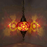 Red Turkish mosaic pendant light illuminated, showing colorful light projection (ENV DYN3008)