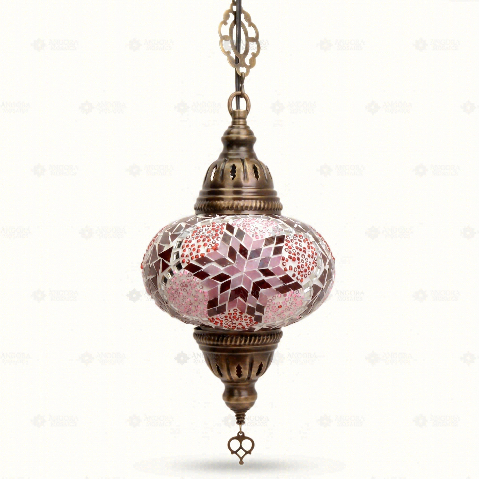 Full view of handmade Red ruby red Turkish mosaic pendant light on white background (ENV DYN3008)