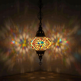 Multicolor Turkish mosaic pendant light illuminated, showing colorful light projection (ENV DYN3010)