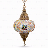 Full view of handmade Multicolor multicolor jewel Turkish mosaic pendant light on white background (ENV DYN3010)