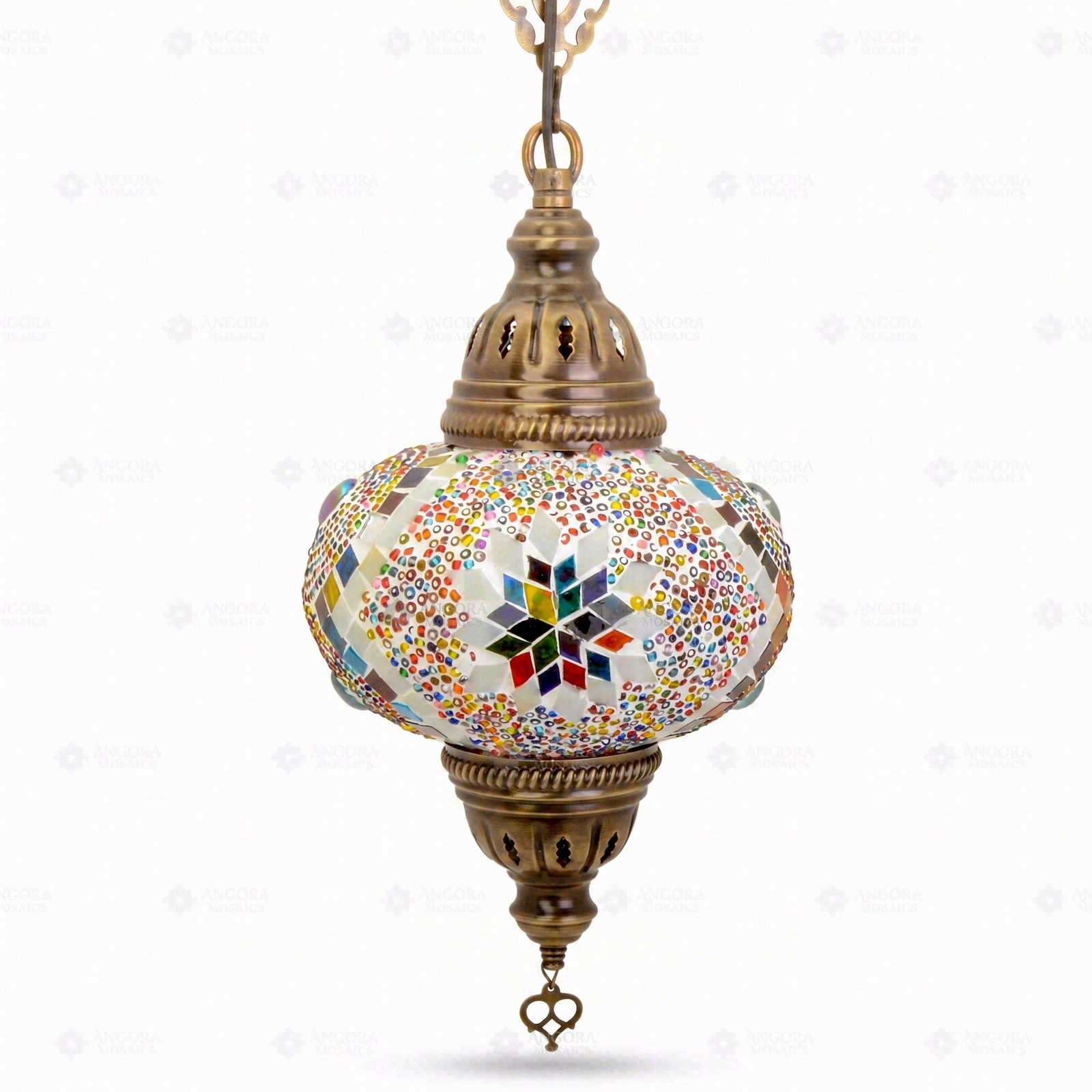 Full view of handmade Multicolor multicolor jewel Turkish mosaic pendant light on white background (ENV DYN3010)