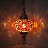 Red Turkish mosaic pendant light illuminated, showing colorful light projection (ENV DYN3011)