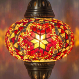 Lit close-up of mosaic glass globe — Red pendant light glowing (ENV DYN3011)
