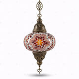 Full view of handmade Red ruby red Turkish mosaic pendant light on white background (ENV DYN3011)