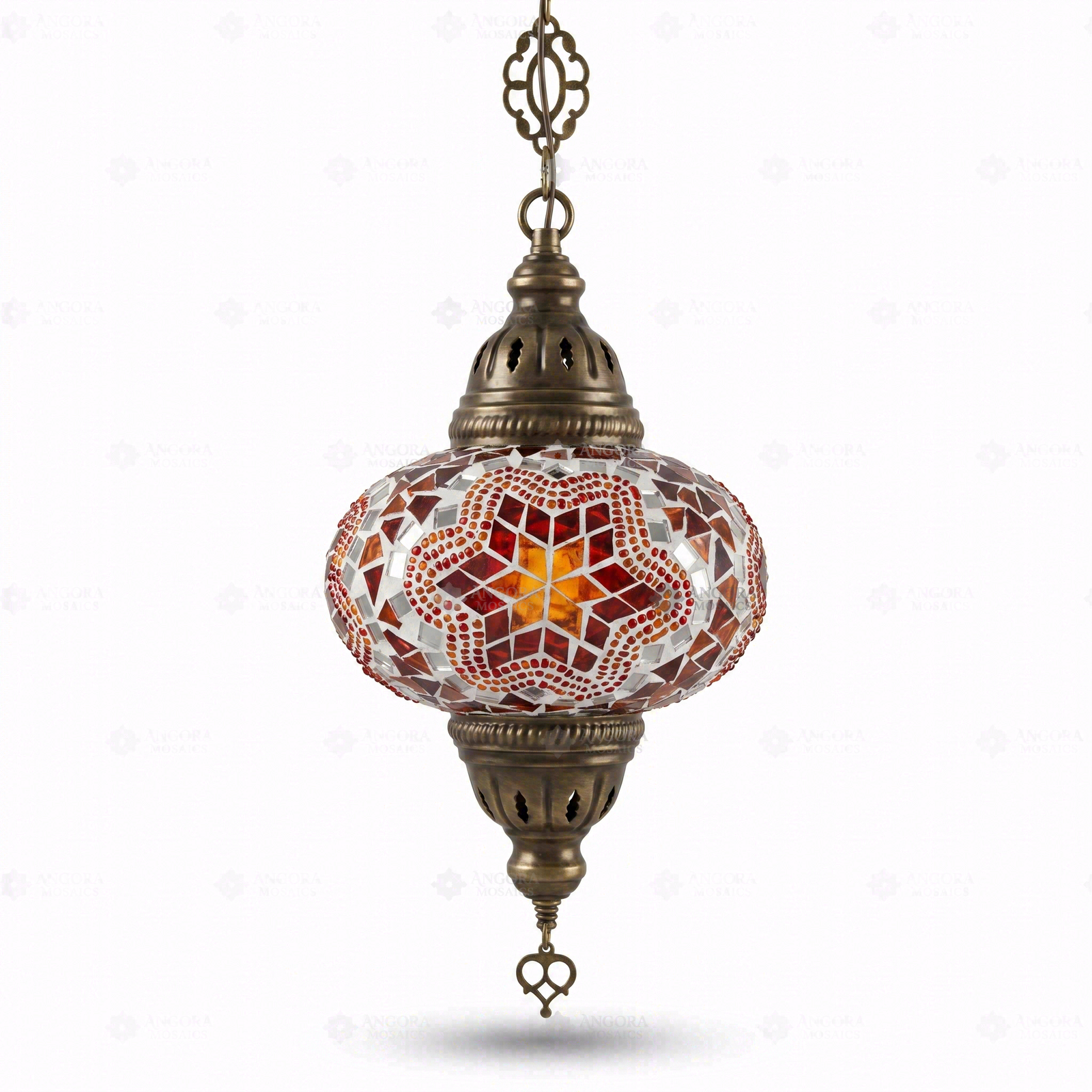 Full view of handmade Red ruby red Turkish mosaic pendant light on white background (ENV DYN3011)