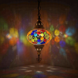 Multicolor Turkish mosaic pendant light illuminated, showing colorful light projection (ENV DYN3012)