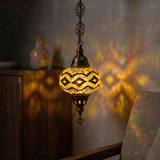 Amber warm amber Turkish mosaic pendant light in styled room — handmade Moroccan pendant light (ENV DYN3013)