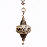 Full view of handmade Amber warm amber Turkish mosaic pendant light on white background (ENV DYN3013)