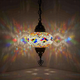 Multicolor Turkish mosaic pendant light illuminated, showing colorful light projection (ENV DYN3014)