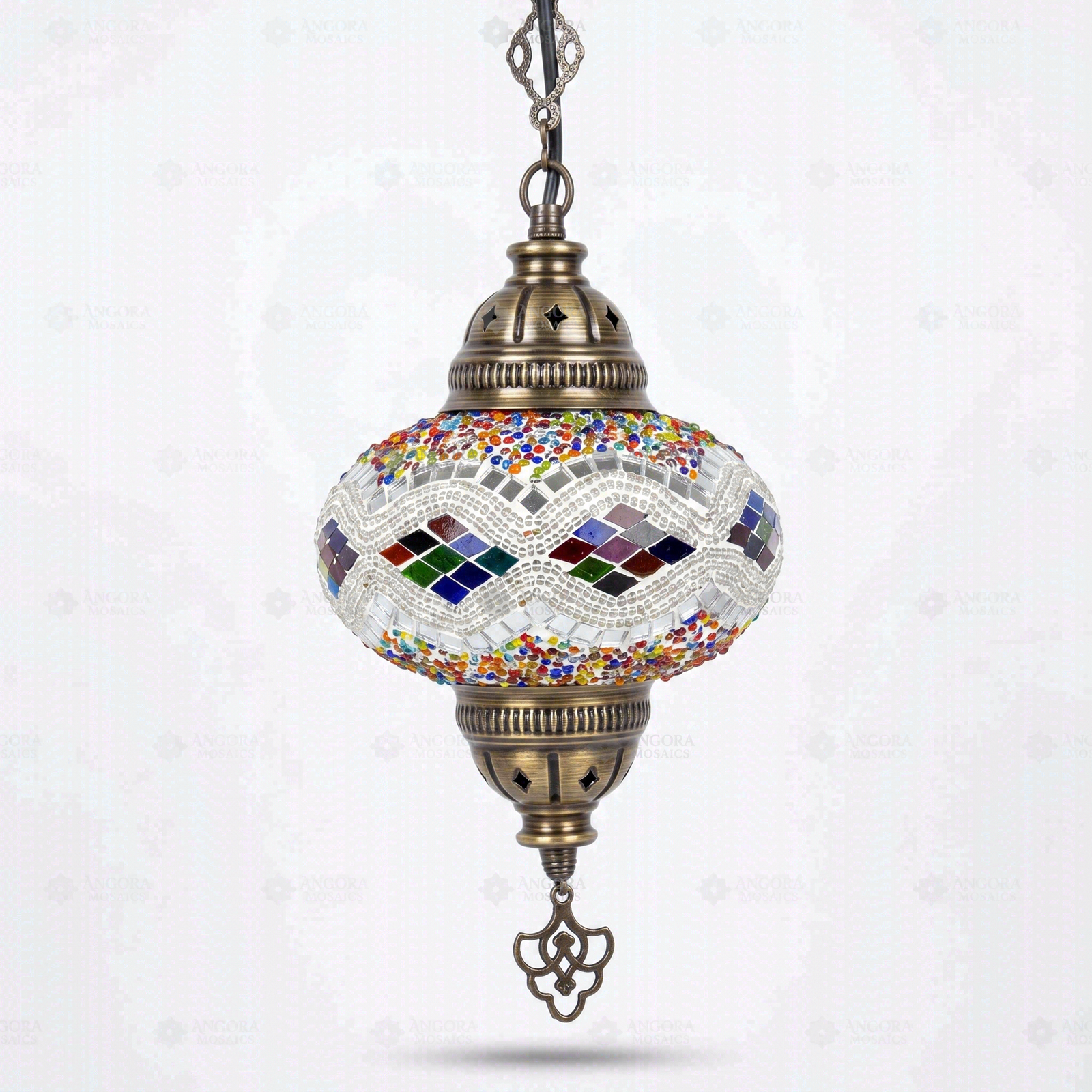 Full view of handmade Multicolor multicolor jewel Turkish mosaic pendant light on white background (ENV DYN3014)