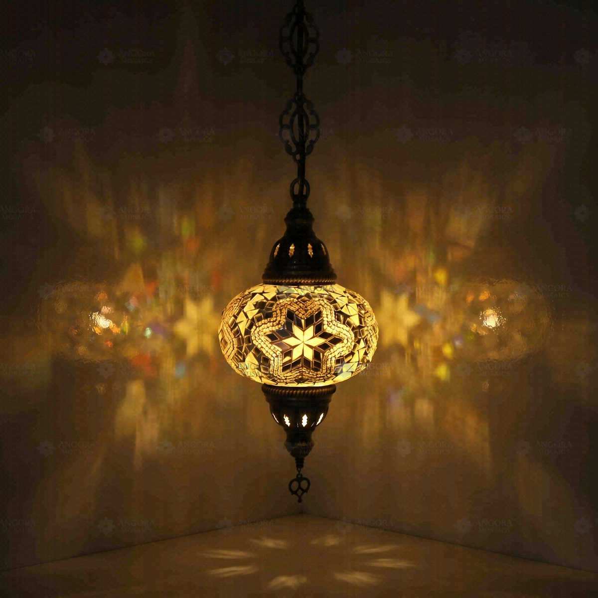 White Pendant Lamp, switched on, glowing in a dark room