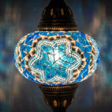 Lit close-up of mosaic glass globe — Blue pendant light glowing (ENV DYN3016)