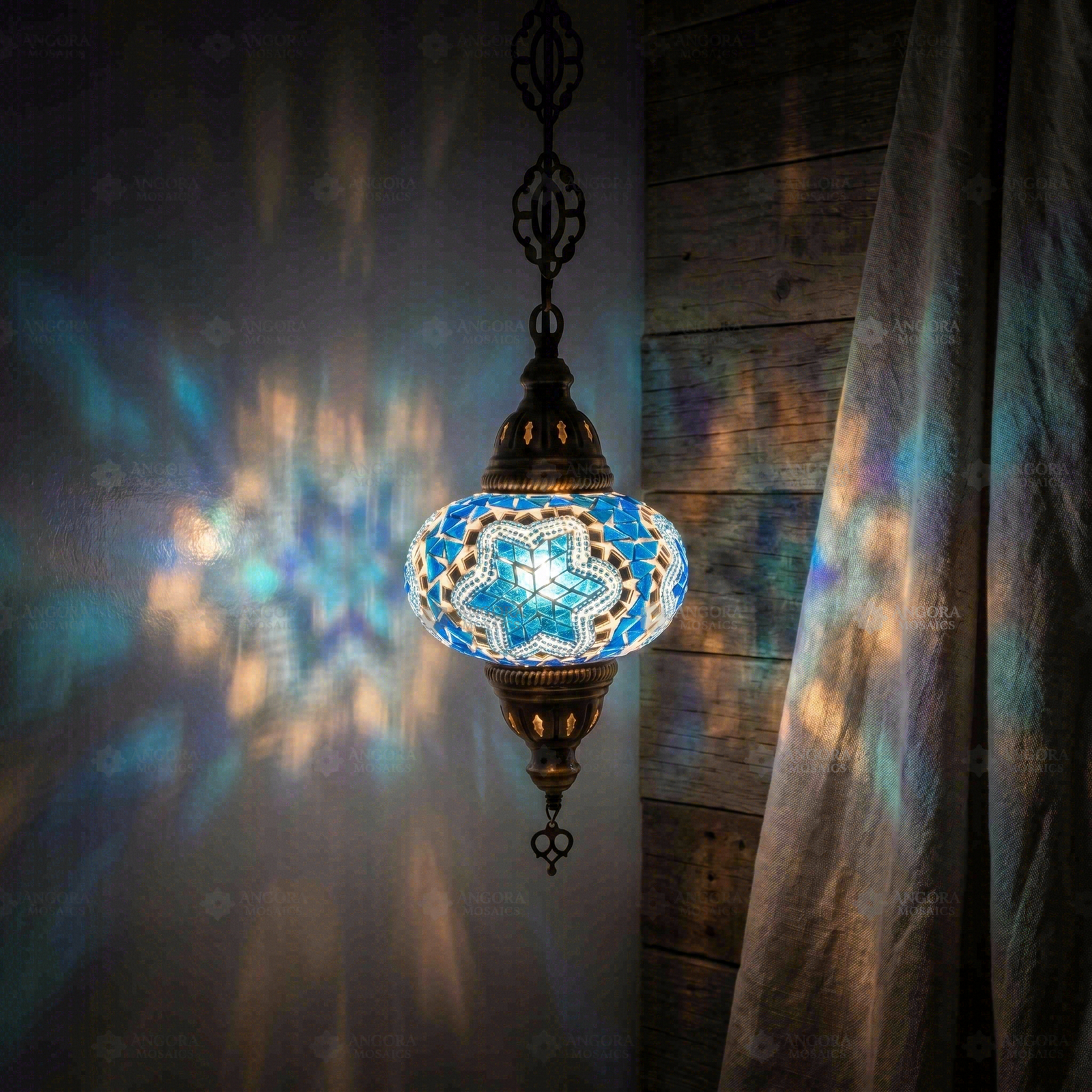 Blue blue jewel Turkish mosaic pendant light in styled room — handmade Moroccan pendant light (ENV DYN3016)