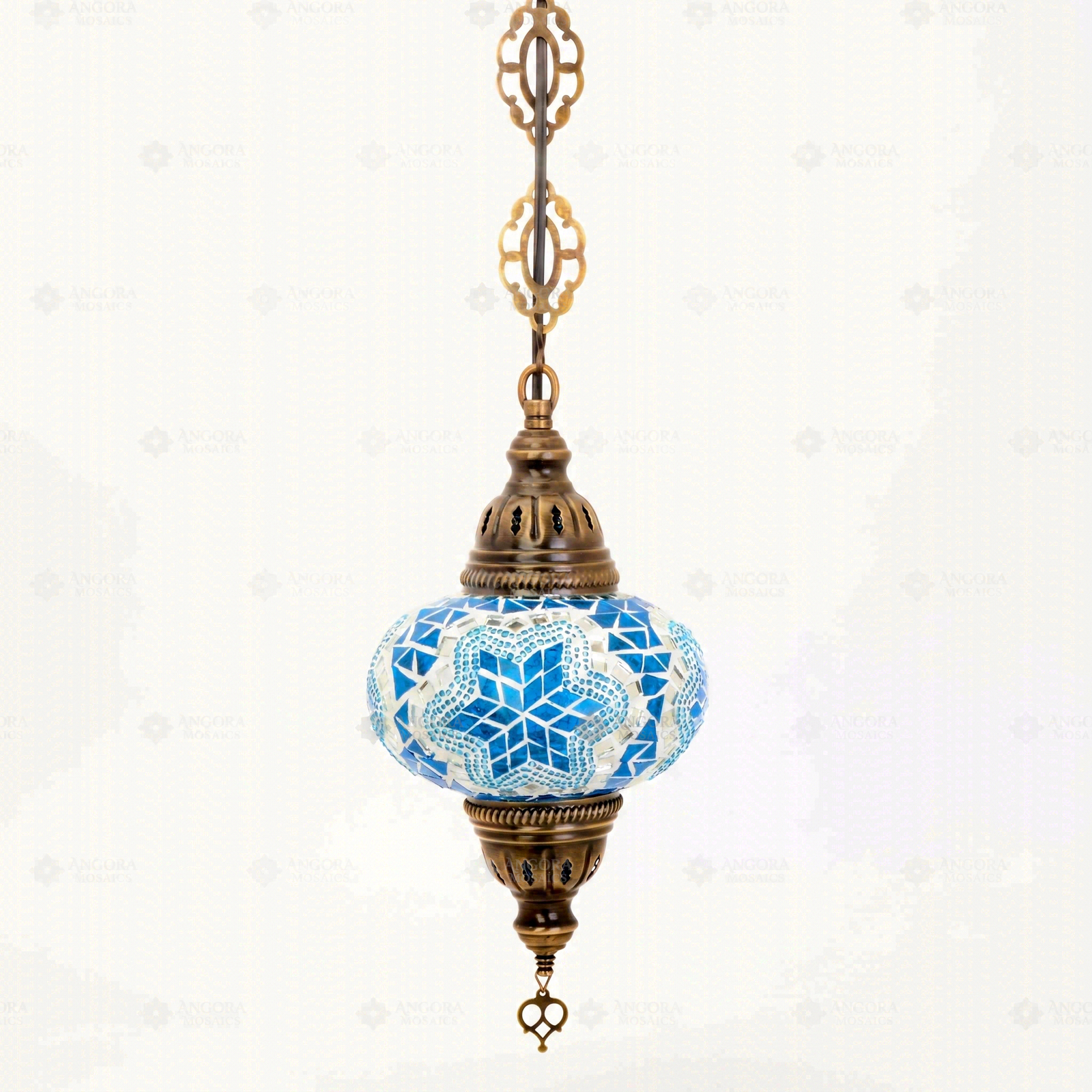 Full view of handmade Blue blue jewel Turkish mosaic pendant light on white background (ENV DYN3016)