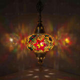 Multicolor Turkish mosaic pendant light illuminated, showing colorful light projection (ENV DYN3017)