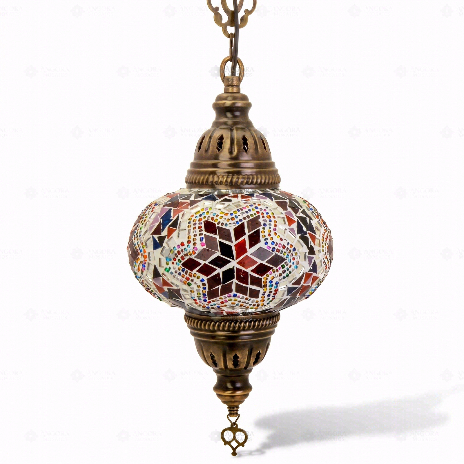 Full view of handmade Multicolor multicolor jewel Turkish mosaic pendant light on white background (ENV DYN3017)