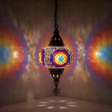 Multicolor Turkish mosaic pendant light illuminated, showing colorful light projection (ENV DYN3018)
