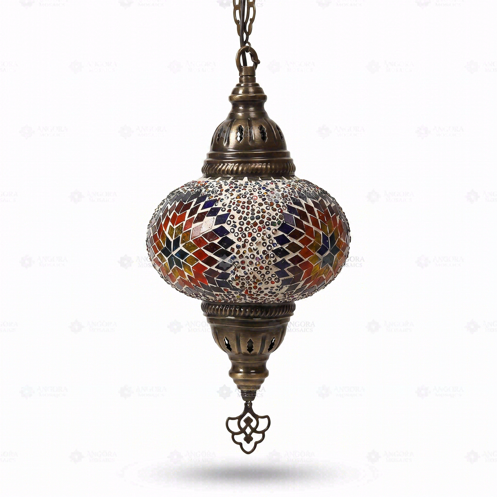 Full view of handmade Multicolor multicolor jewel Turkish mosaic pendant light on white background (ENV DYN3018)