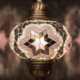 Lit close-up of mosaic glass globe — Pink pendant light glowing (ENV DYN3019)