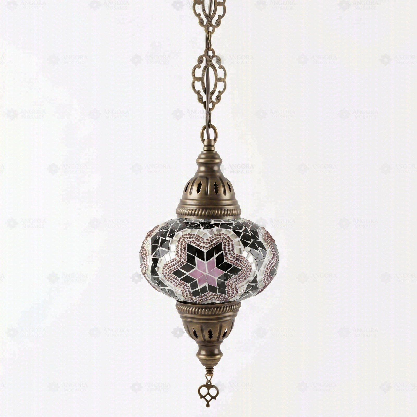 Full view of handmade Pink pink rose Turkish mosaic pendant light on white background (ENV DYN3019)