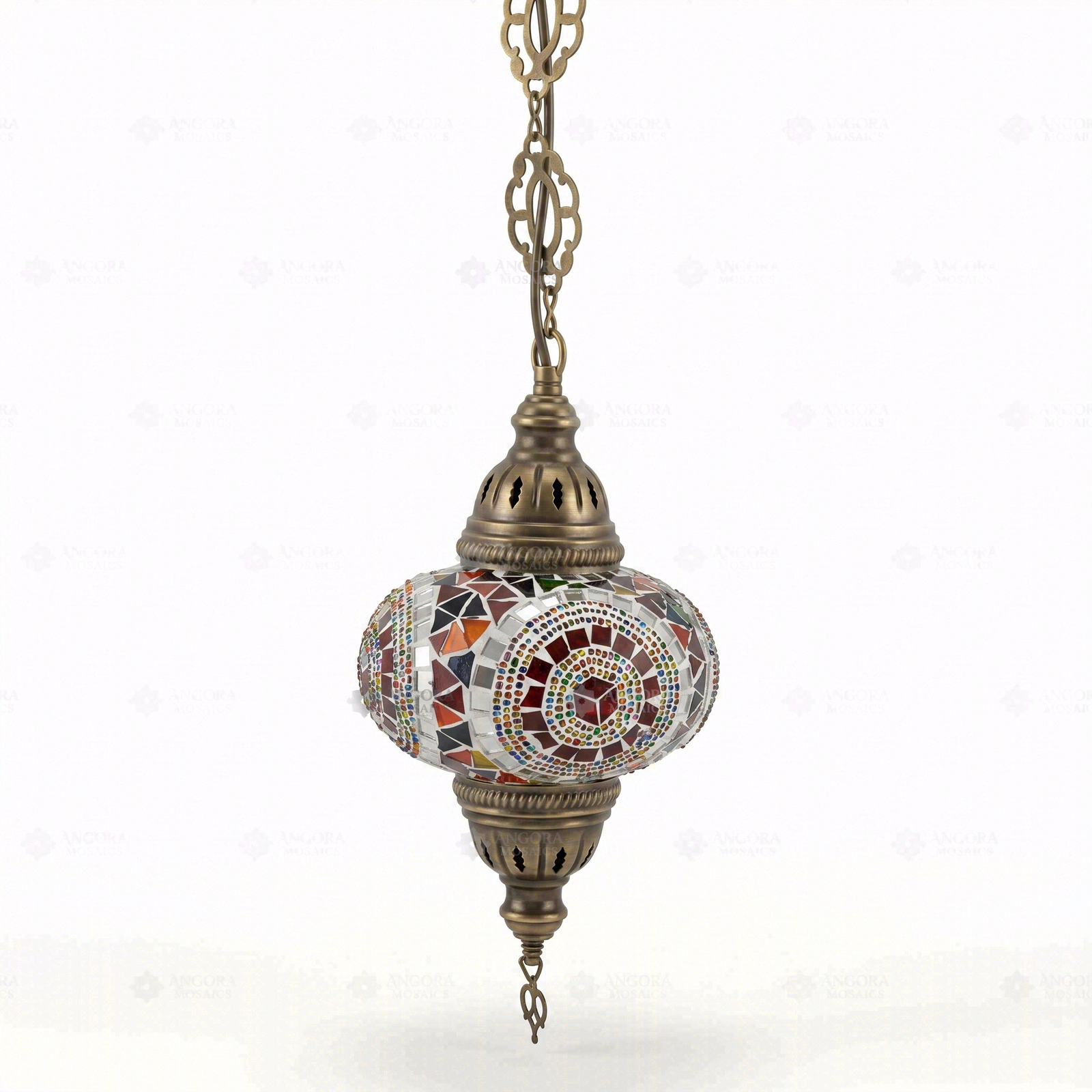 Full view of handmade Multicolor multicolor jewel Turkish mosaic pendant light on white background (ENV DYN3021)
