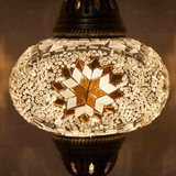 Lit close-up of mosaic glass globe — White pendant light glowing (ENV DYN3022)
