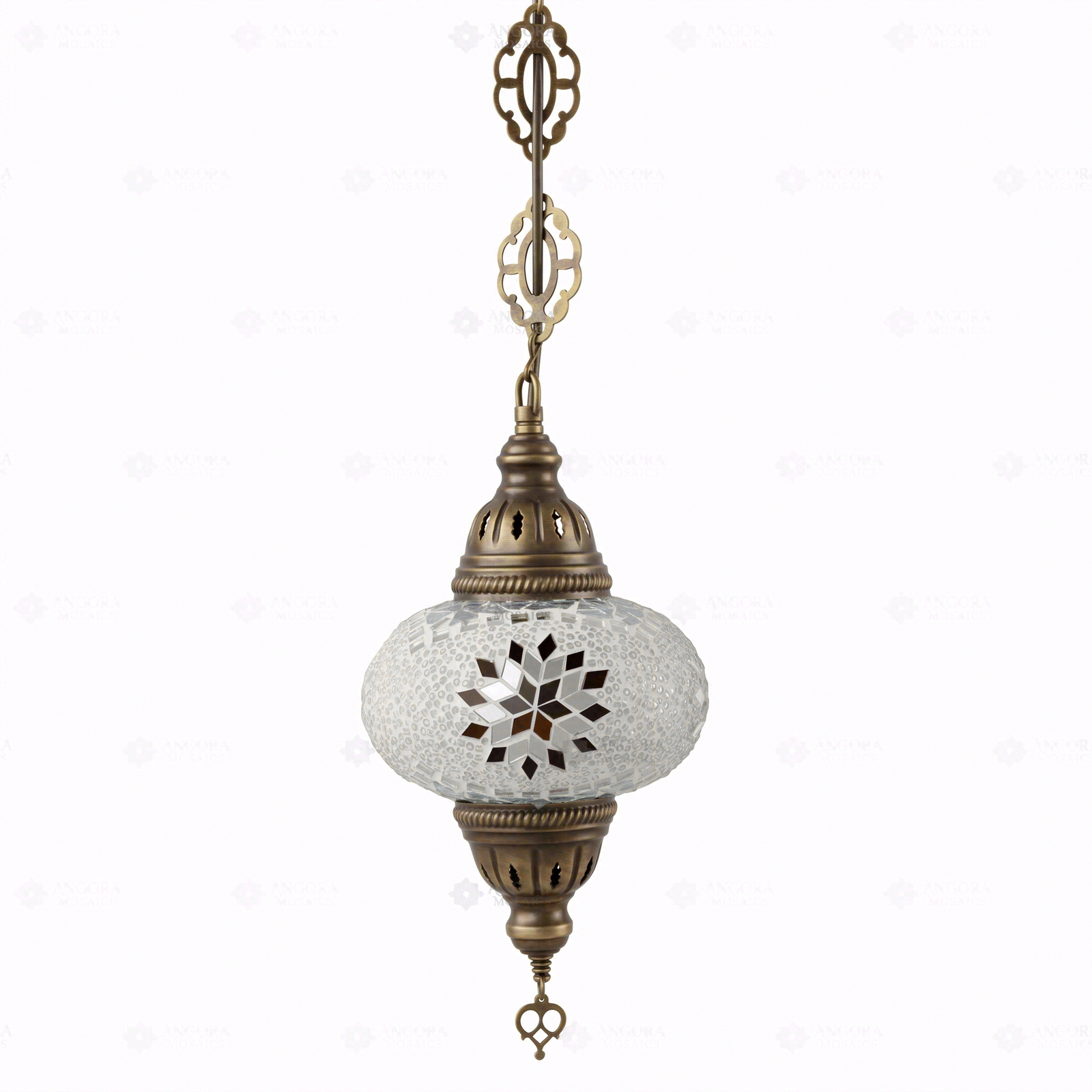 Full view of handmade White white glow Turkish mosaic pendant light on white background (ENV DYN3022)