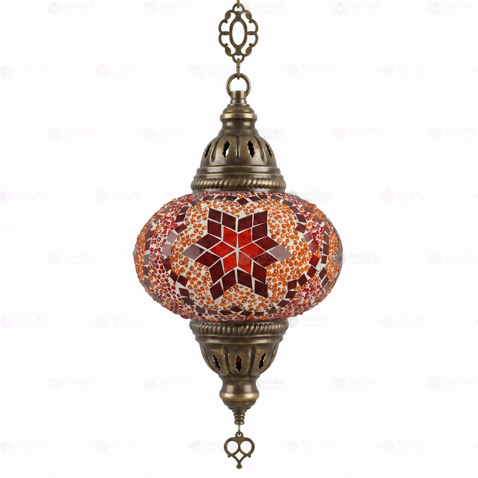 Full view of handmade Amber warm amber Turkish mosaic pendant light on white background (ENV DYN3025)