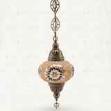 Full view of handmade Amber warm amber Turkish mosaic pendant light on white background (ENV DYN3026)