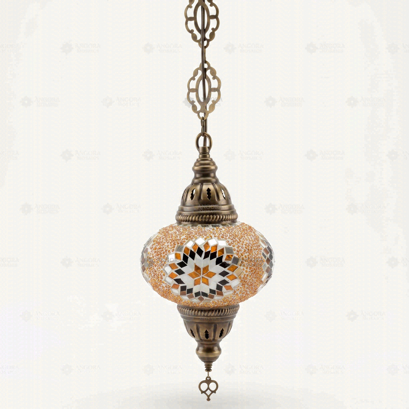 Full view of handmade Amber warm amber Turkish mosaic pendant light on white background (ENV DYN3026)