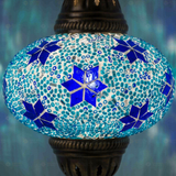 Lit close-up of mosaic glass globe — Blue pendant light glowing (ENV DYN3027)