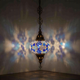 Blue Turkish mosaic pendant light illuminated, showing colorful light projection (ENV DYN3028)