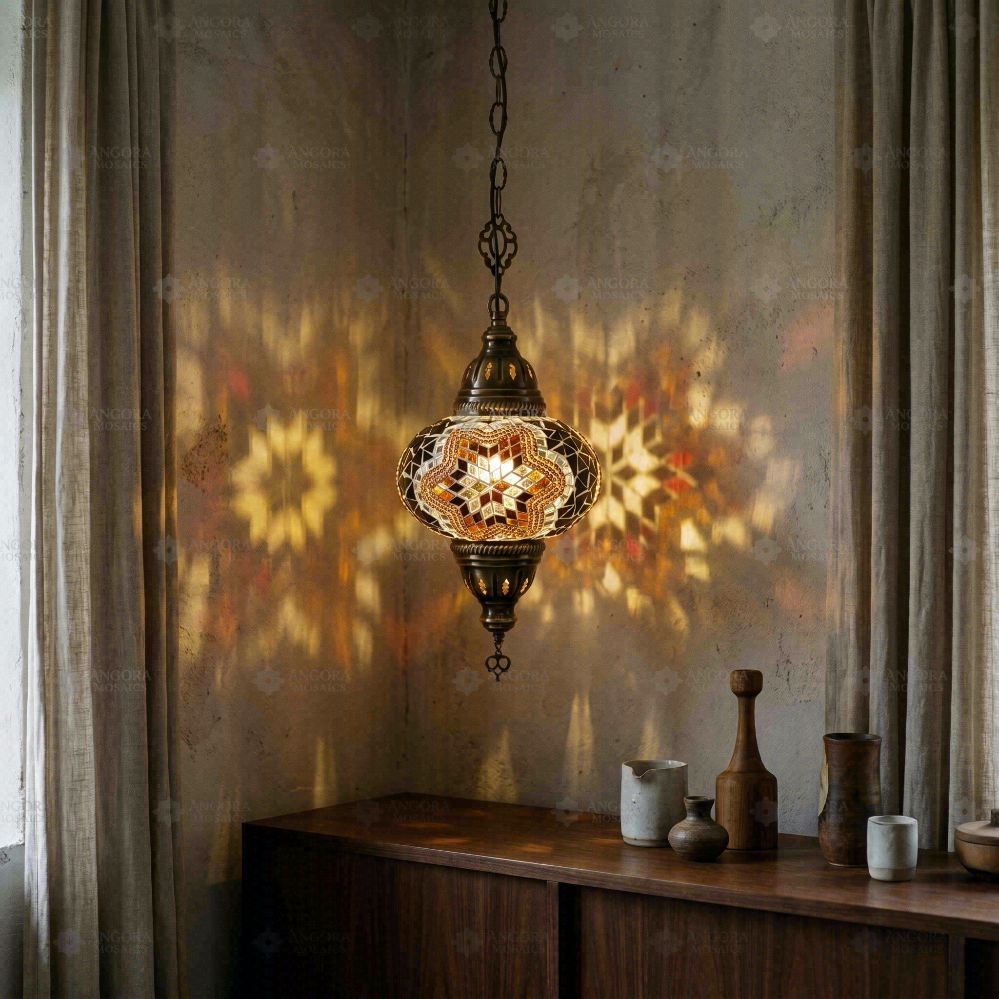 Amber warm amber Turkish mosaic pendant light in styled room — handmade Moroccan pendant light (ENV DYN3031)