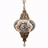 Full view of handmade Amber warm amber Turkish mosaic pendant light on white background (ENV DYN3031)