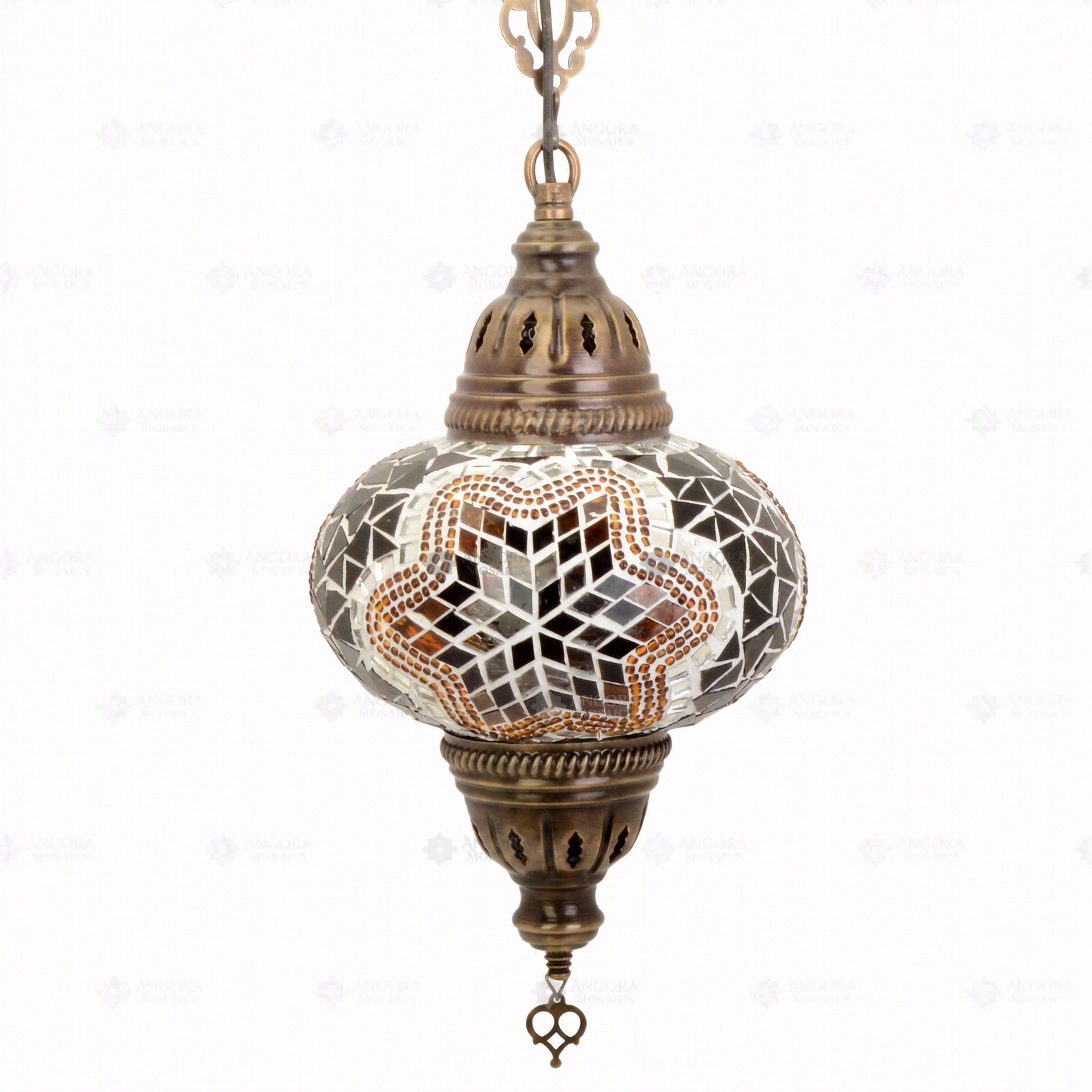Full view of handmade Amber warm amber Turkish mosaic pendant light on white background (ENV DYN3031)