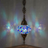 Blue Turkish mosaic pendant light illuminated, showing colorful light projection (ENV DYN3032)