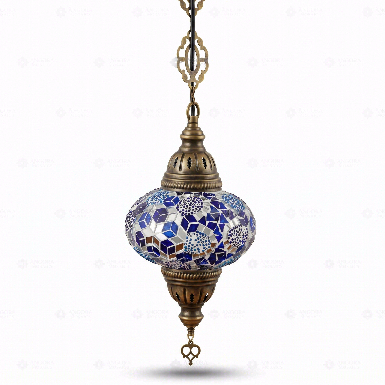 Full view of handmade Blue blue jewel Turkish mosaic pendant light on white background (ENV DYN3032)