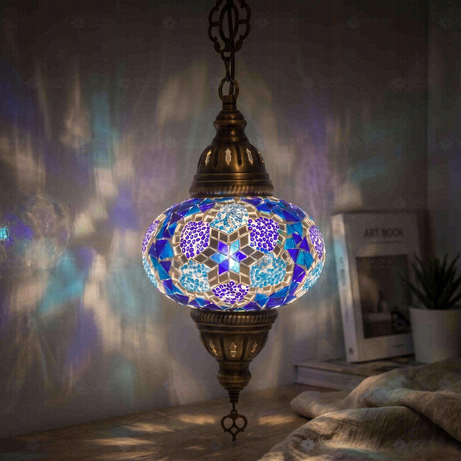 Blue blue jewel Turkish mosaic pendant light in styled room — handmade Moroccan pendant light (ENV DYN3034)