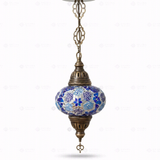 Full view of handmade Blue blue jewel Turkish mosaic pendant light on white background (ENV DYN3034)