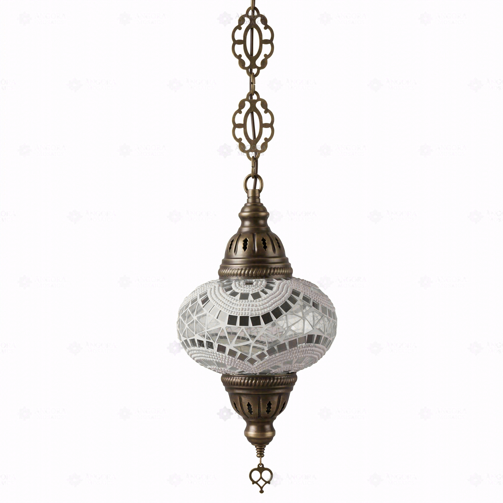 Full view of handmade White white glow Turkish mosaic pendant light on white background (ENV DYN3036)