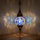 Blue Turkish mosaic pendant light illuminated, showing colorful light projection (ENV DYN3039)