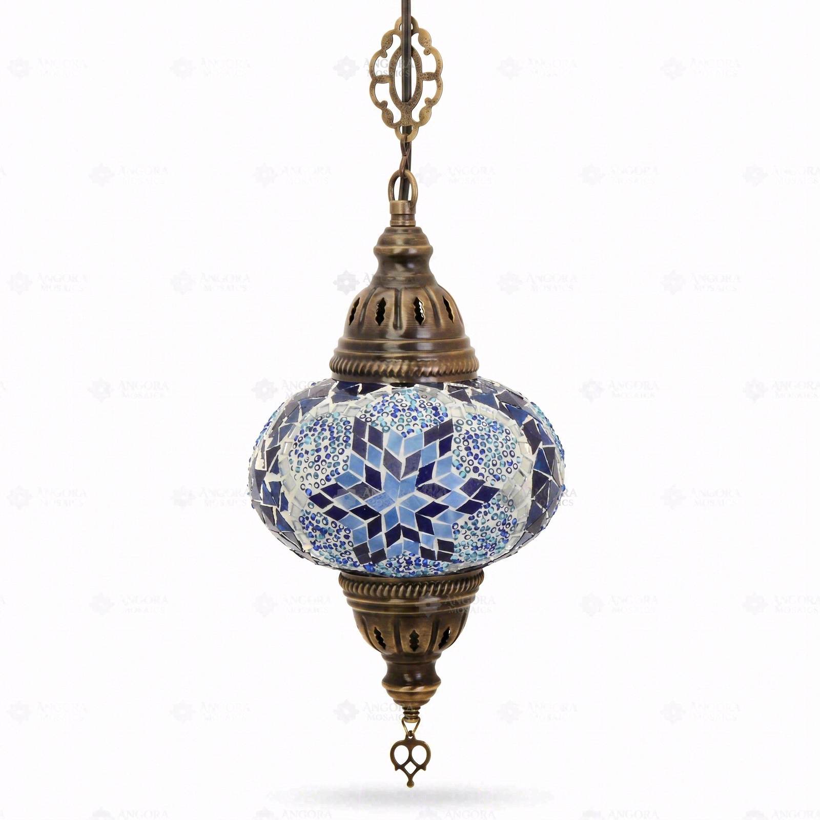 Full view of handmade Blue blue jewel Turkish mosaic pendant light on white background (ENV DYN3039)
