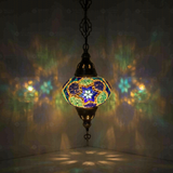 Blue Turkish mosaic pendant light illuminated, showing colorful light projection (ENV DYN3040)
