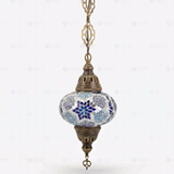 Full view of handmade Blue blue jewel Turkish mosaic pendant light on white background (ENV DYN3040)